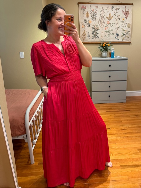 Anthropologie Dresses & Skirts - Anthropologie Somerset Bright Pink Satin Tiered Maxi Dress - Elegant V-Neck XL